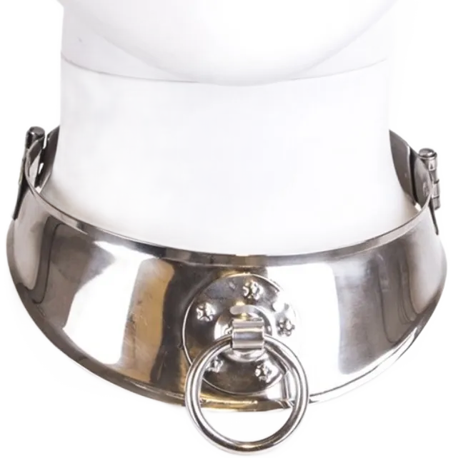 Collier soumission acier inoxydable chromé brillant effet miroir bords incurvés confortables anneau frontal fermeture sécurisée cadenas inclus élégant sac tissu
