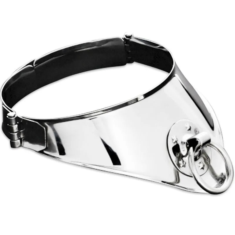 collier esclave soumission acier inoxydable verrouillable cadenas inclus charnières latérales anneau avant antique pointu robuste léger confortable bords lisses