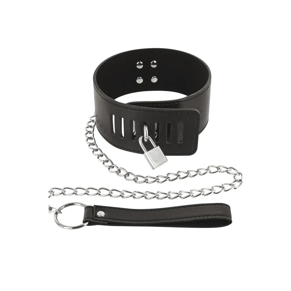 collier laisse BDSM noir réglable confortable large fermeture cadenas longueur 79cm similicuir poignée anneau robuste érotique