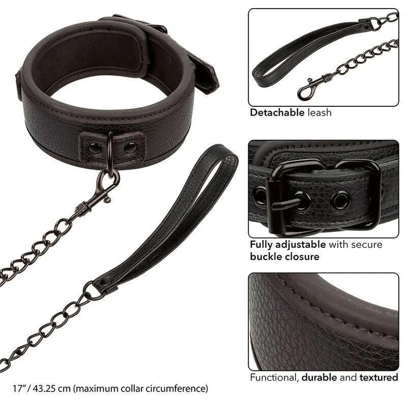 Collier BDSM en métal noir robuste avec laisse amovible, boucle sécurisée et chaîne durable pour élégance et contrôle.