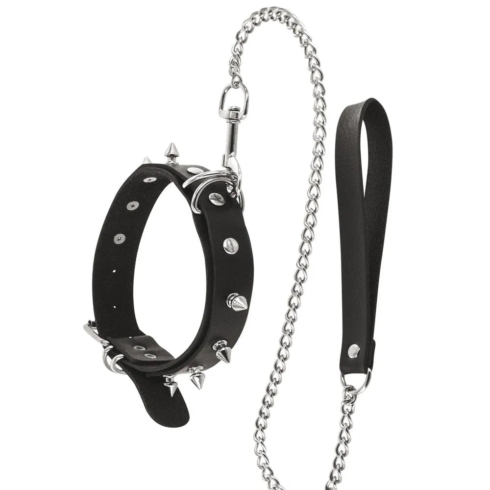 collier laisse réglable confortable noir anneaux métalliques rivets pointes chaîne poignée 115cm robuste qualité jeux coquins BDSM sensuelle