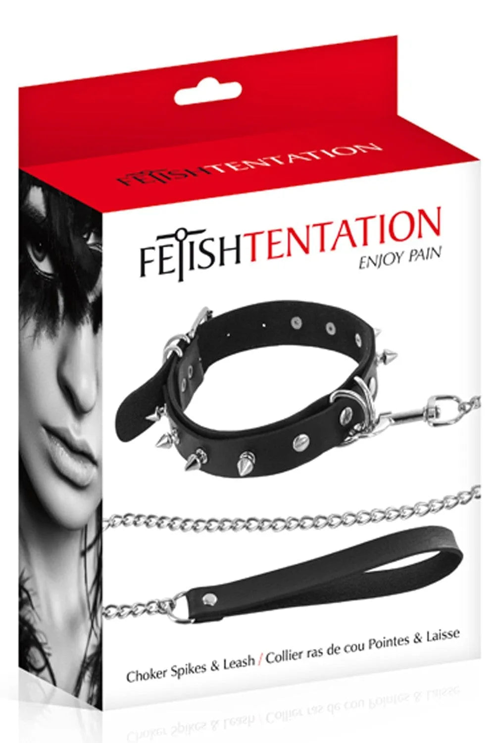 Collier noir réglable avec rivets et pointes, laisse chaîne 115cm, poignée robuste, pour jeux coquins BDSM.