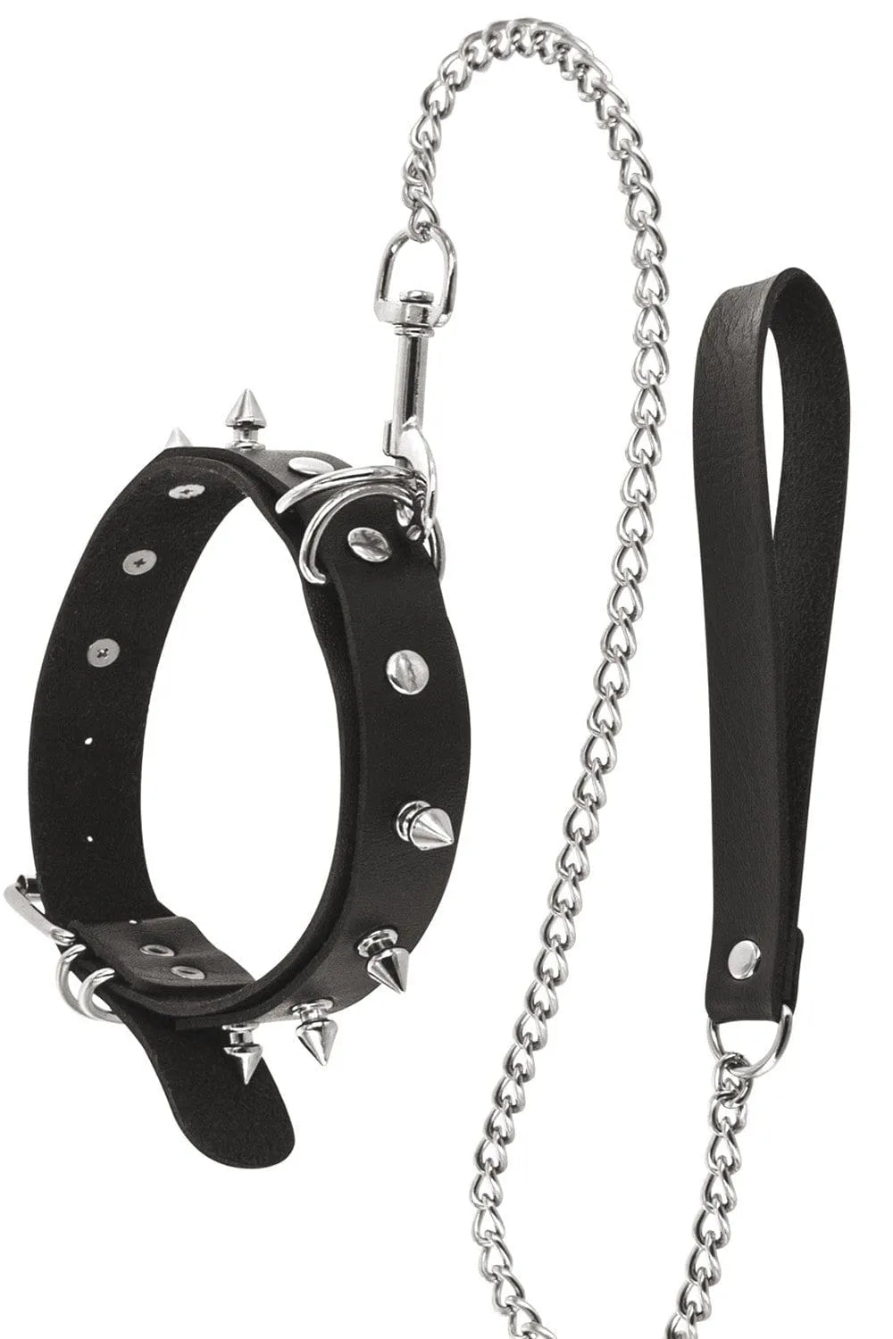 Collier noir réglable avec rivets et pointes, laisse chaîne 115cm avec poignée, pour jeux coquins BDSM.