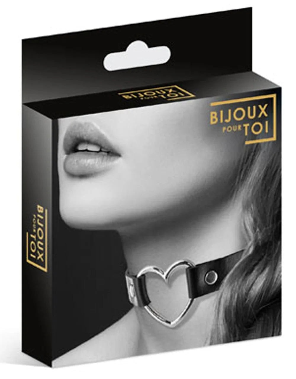 Collier fétichiste cuir noir, réglable, cœur métal argenté, 39cm, érotique, finition soignée, sensualité féminine.