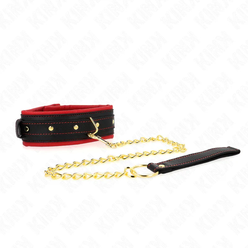 Collier laisse BDSM en cuir noir et rouge, chaîne dorée, boucle métallique, élégant et robuste pour jeux de domination.
