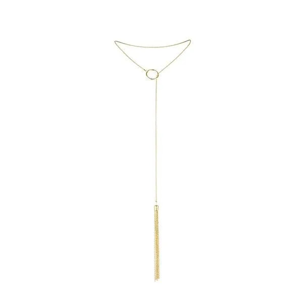 Collier doré à franges style cabaret années 20, mini fouet métallique, élégant et sensuel, idéal lingerie ou peau.