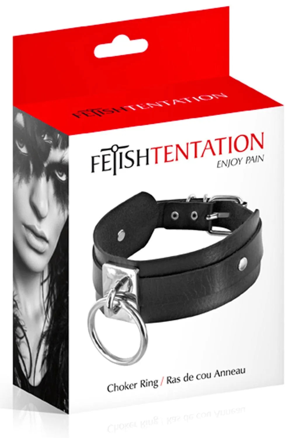 Collier soumis noir réglable avec anneau métallique, doublure douce, idéal pour jeux coquins, accessoire BDSM élégant.