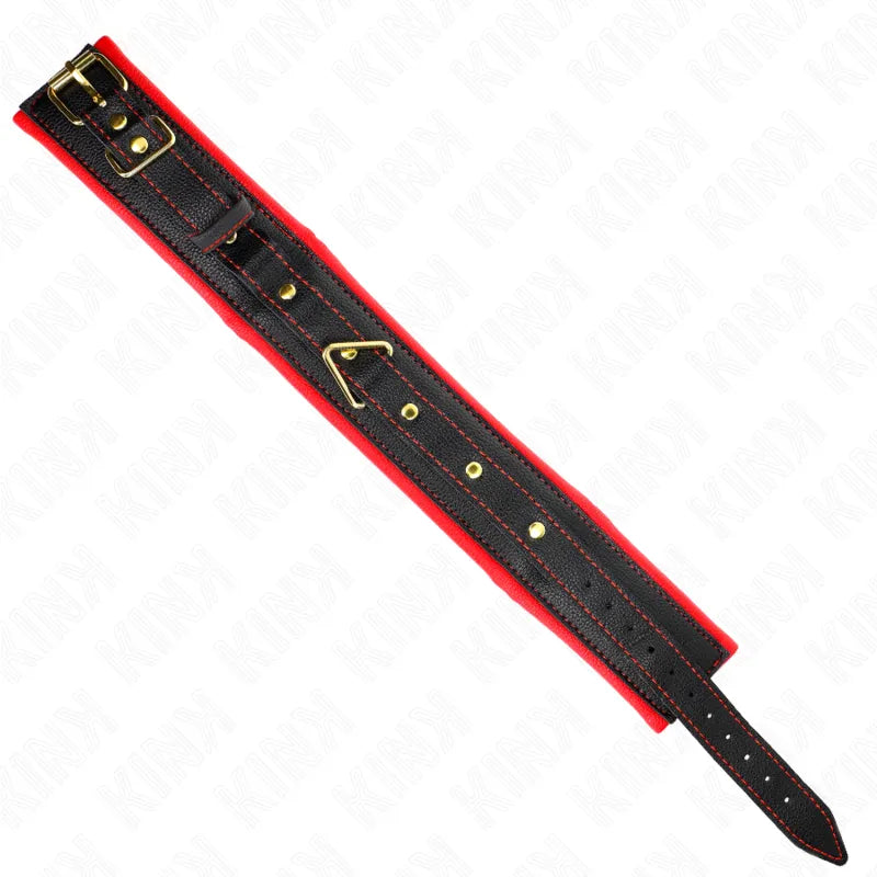 Collier BDSM noir en cuir végétalien, boucle dorée, doublure rouge, design élégant et sophistiqué pour confort et style.