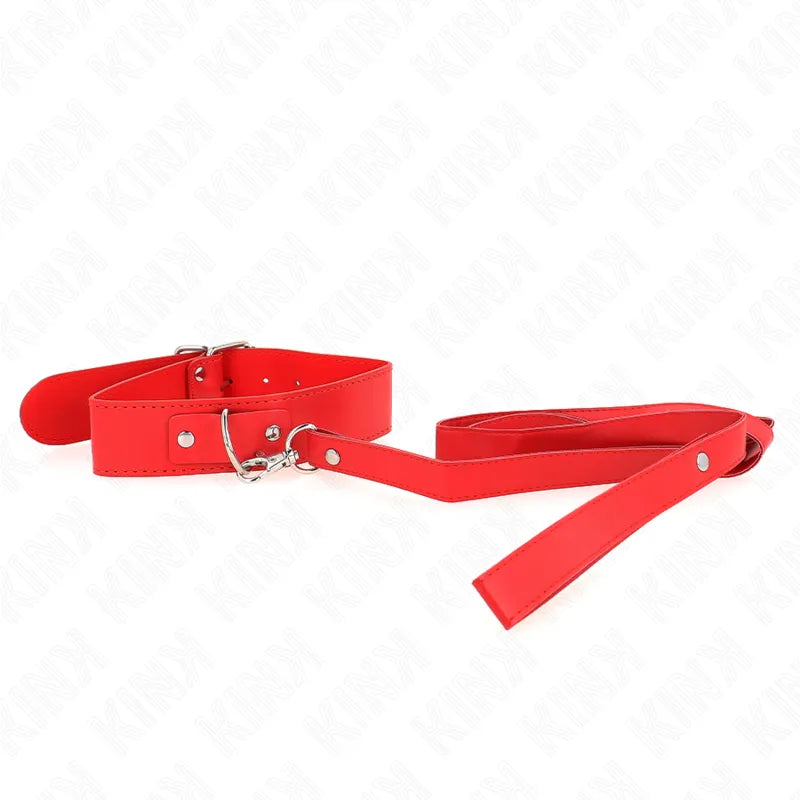 Collier BDSM rouge en cuir végétalien, élégant et ajustable, avec boucle métallique et laisse assortie, design éthique et ...