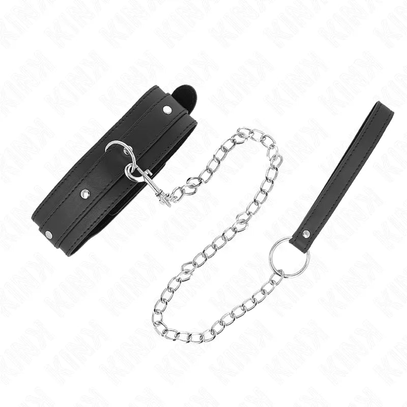 Collier BDSM cuir noir ajustable avec chaîne métallique, design élégant et sophistiqué, finition artisanale raffinée.