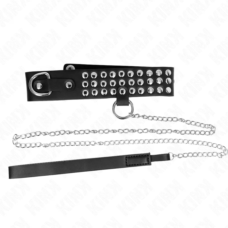 Collier BDSM cuir noir réglable avec sangles métalliques, design élégant et sophistiqué, style bondage.