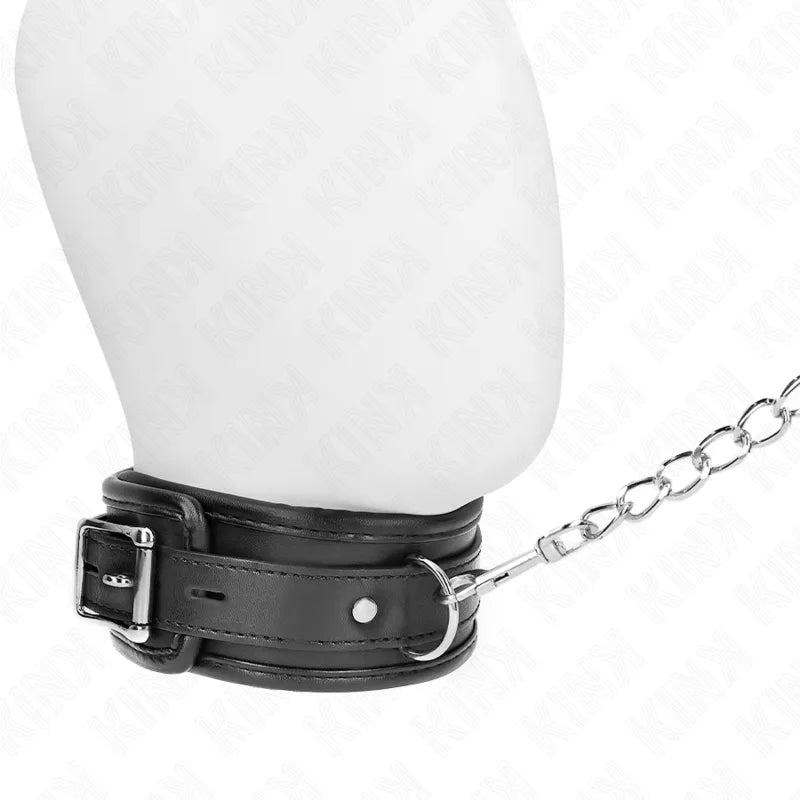 Collier cuir BDSM noir ajustable avec boucles ergonomiques, chaîne métallique, élégant et résistant, Kinque Boutique.