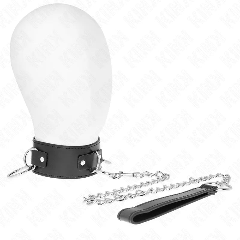 Collier BDSM cuir noir avec chaîne métallique, design élégant et sophistiqué, pour soumission et domination.