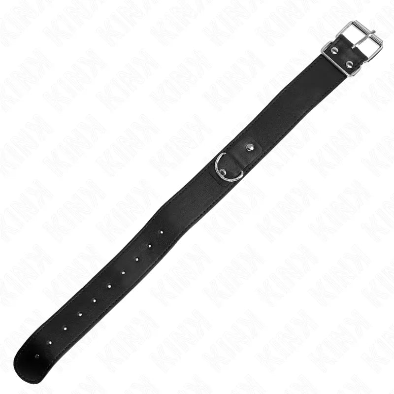 Collier BDSM noir en cuir végétalien, ajustable avec boucle métallique, design élégant et durable pour expériences raffinées.