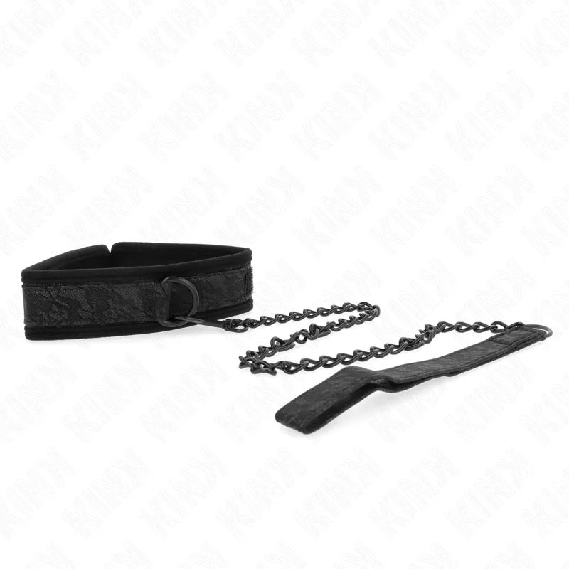 Collier BDSM noir en cuir véritable avec boucle réglable et chaîne, élégant et robuste, pour confort et style intemporel.