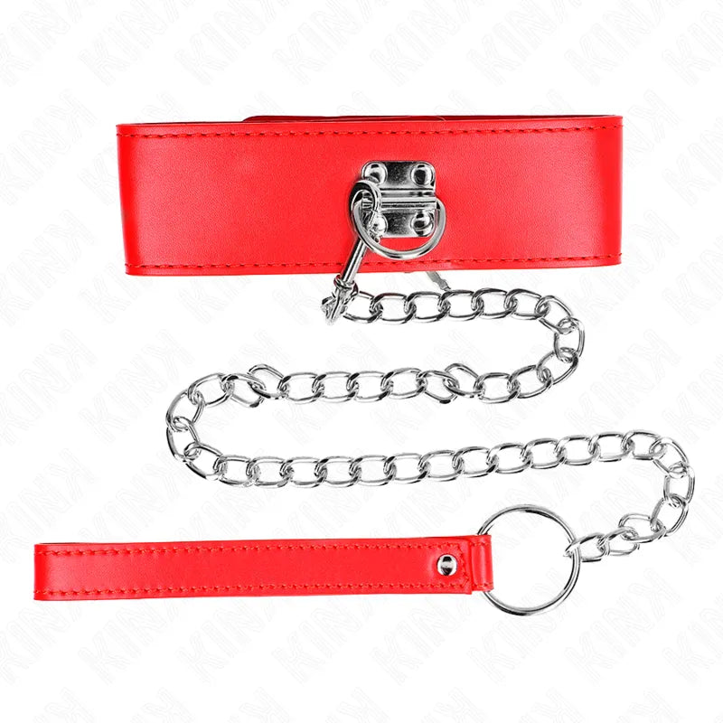 Collier BDSM rouge en cuir véritable avec chaîne métallique, ajustable et élégant, pour confort et sophistication.