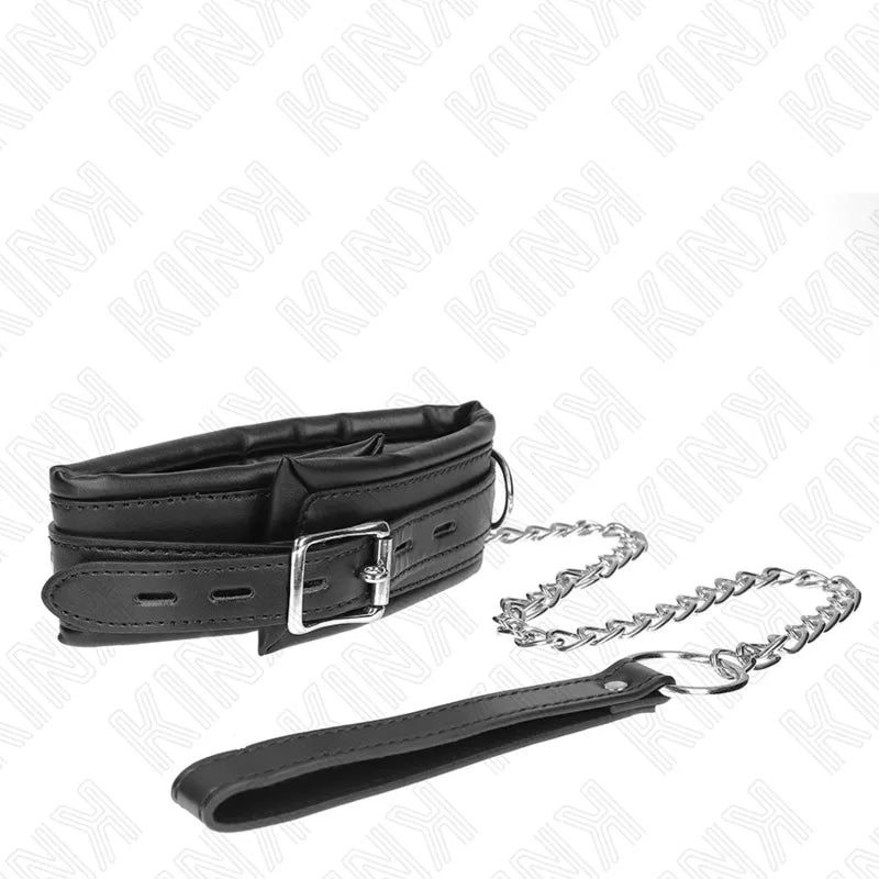 Collier BDSM cuir noir élégant avec boucle réglable et laisse chaîne, design sophistiqué et confortable.
