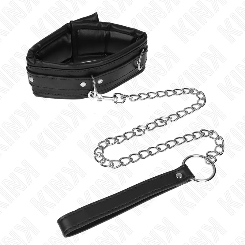 Collier BDSM en cuir noir véritable avec boucle réglable et chaîne métallique, élégant et confortable pour soumission.