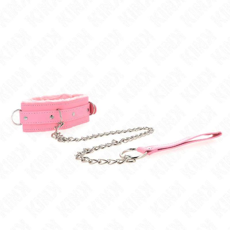 Collier laisse BDSM rose en cuir végétalien avec chaîne argentée, boucle réglable, design élégant et sophistiqué.
