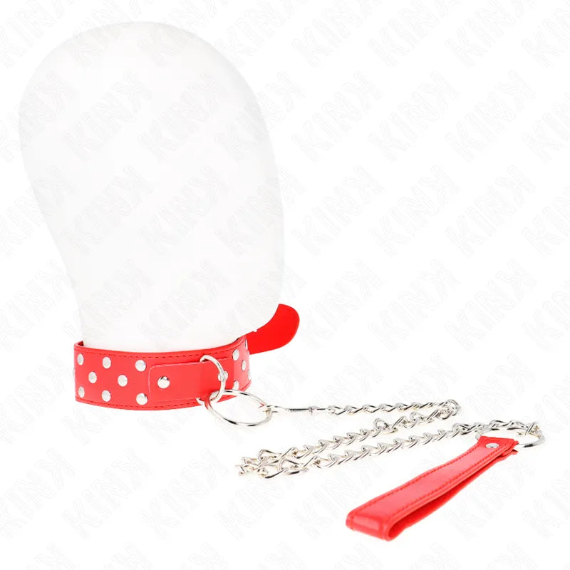 Collier et laisse BDSM en cuir rouge avec motifs à pois blancs, chaîne métallique robuste et poignée ergonomique.
