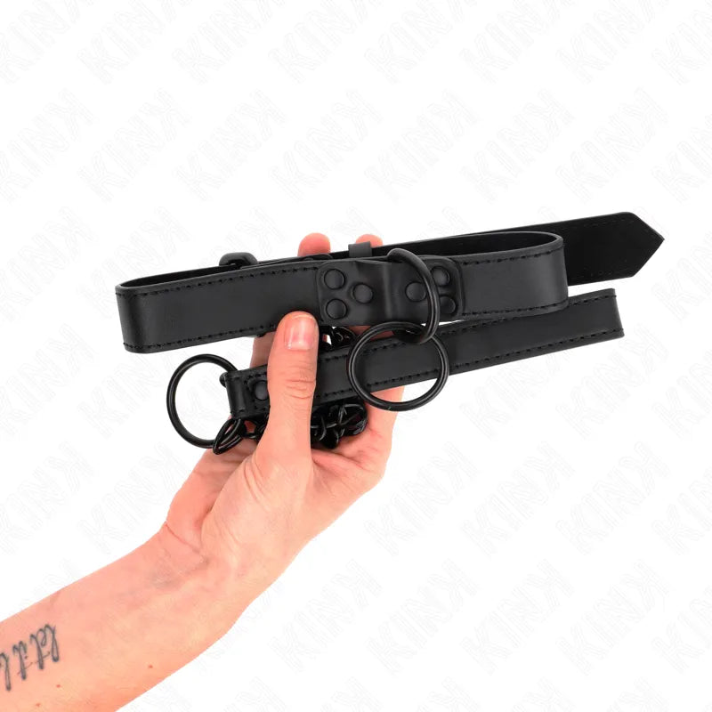 Colliers et laisses BDSM en cuir noir, élégants et ajustables, tenus en main, avec détails en métal pour soumission stylée.