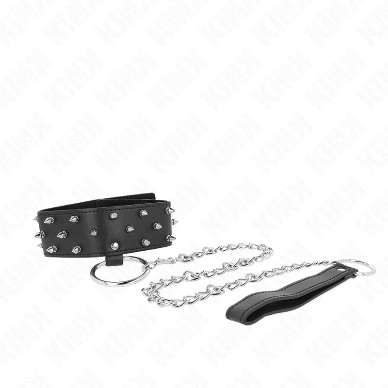Collier laisse BDSM cuir noir clouté, chaîne métal robuste, design élégant, ajustable, pour contrôle et soumission.