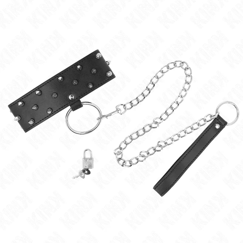 Collier et laisse BDSM en cuir noir avec boucles métal, design élégant et robuste, pour contrôle et soumission.