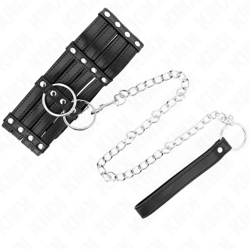 Collier et laisse BDSM en cuir noir avec boucles métalliques, finitions polies, design élégant et ergonomique.