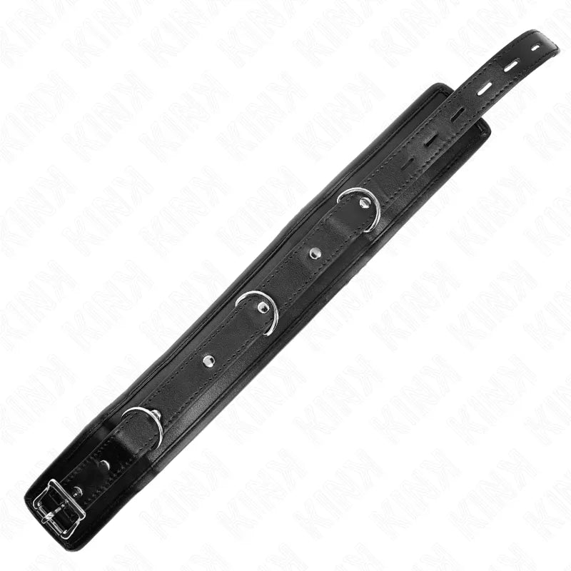 Collier BDSM en cuir noir, ajustable, avec boucles métalliques robustes et finition élégante pour confort et sécurité.