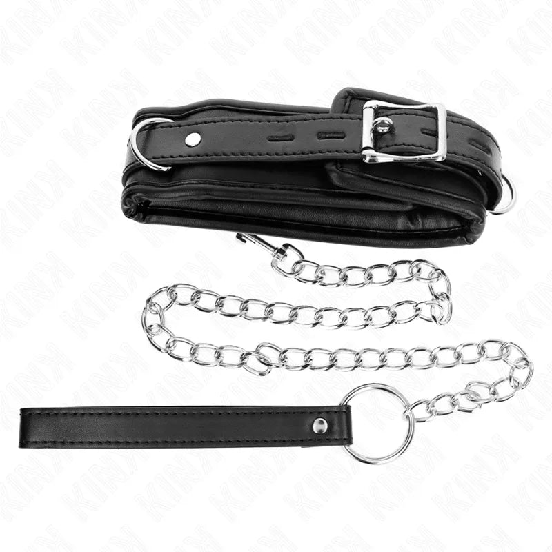 Collier BDSM en cuir noir avec chaîne argentée, boucle réglable, design élégant et robuste pour confort et sécurité.