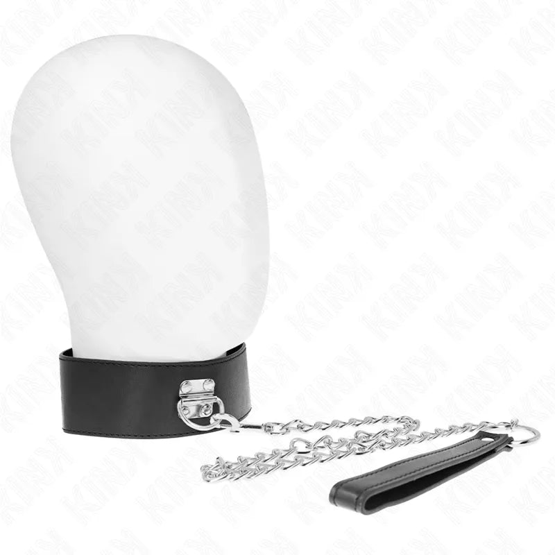 Collier et laisse BDSM en cuir noir véritable, design élégant avec chaîne métallique et poignée, luxe et robustesse.