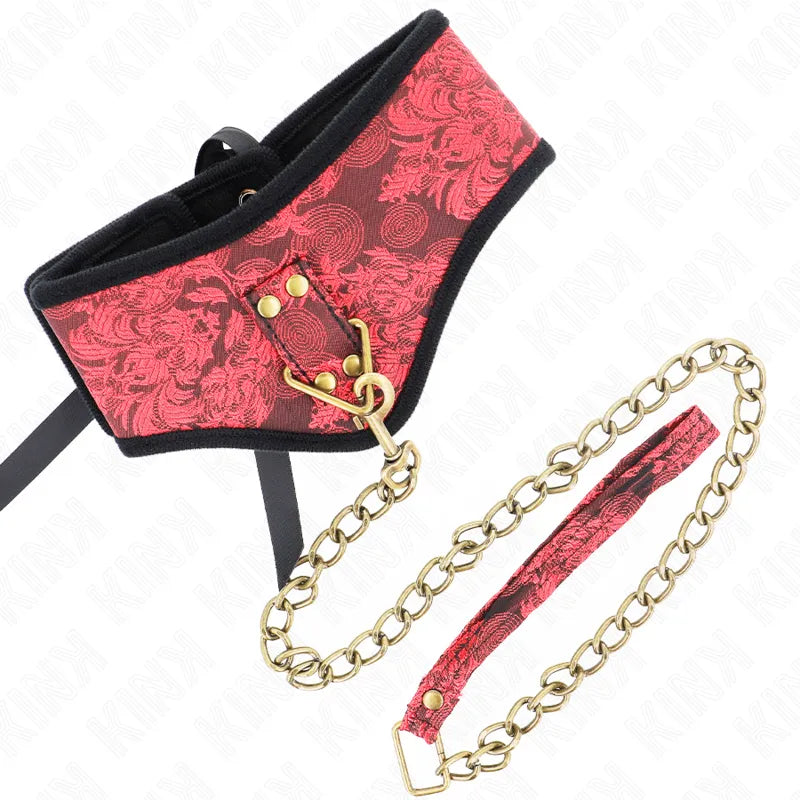 Collier BDSM élégant rouge et noir en cuir végétalien, ajustable avec boucles métalliques dorées, design raffiné et sophis...