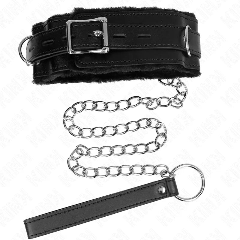 Collier laisse BDSM cuir noir élégant avec chaîne métallique, boucle ajustable, détails sophistiqués et confortables.