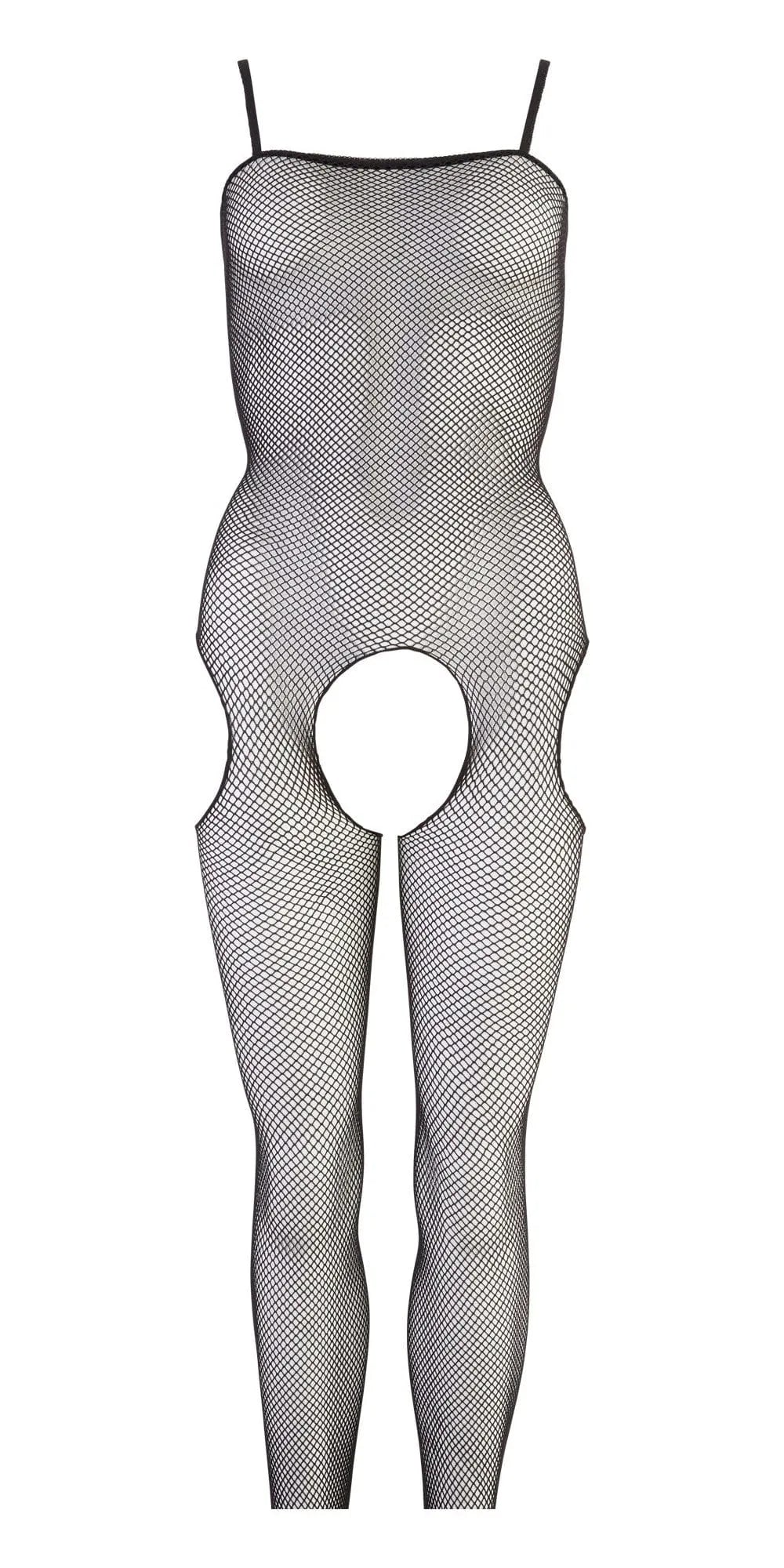 Combinaison résille noire sans couture Cottelli, ouverte côtés et entrejambe, bretelles fines, élégante et extensible.
