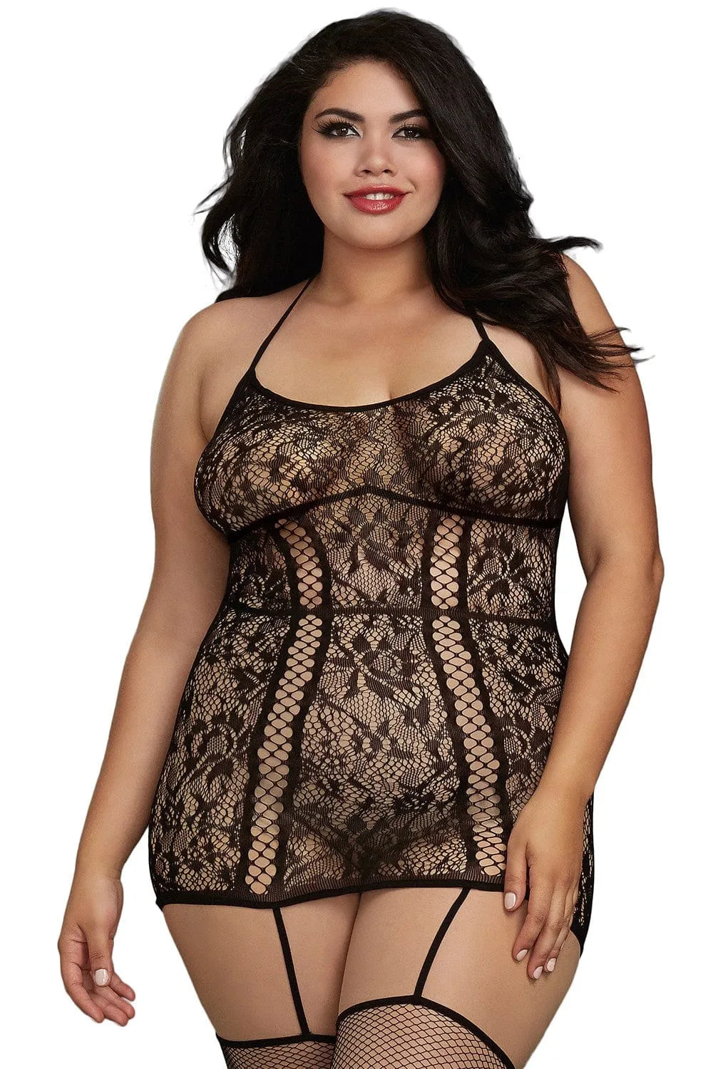 Combinaison grande taille en dentelle noire, lanières entrecroisées, jarretières réglables, dos nu, élégante et sexy.
