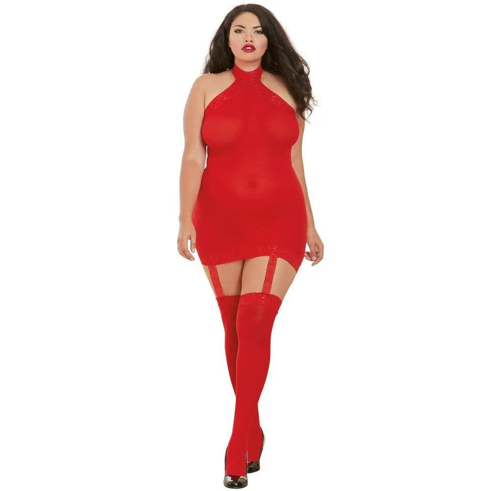 combinaison rouge grande taille jarretelles intégrées bas dentelle jarretières guêpière illusion dos ouvert col sensualité nylon élastique sculptant
