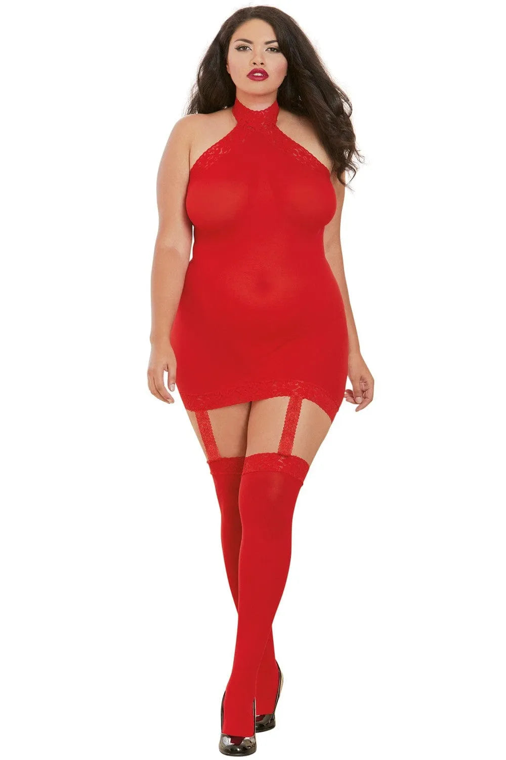 Combinaison rouge grande taille avec jarretelles intégrées, bas dentelle, illusion guêpière, dos ouvert, col haut.