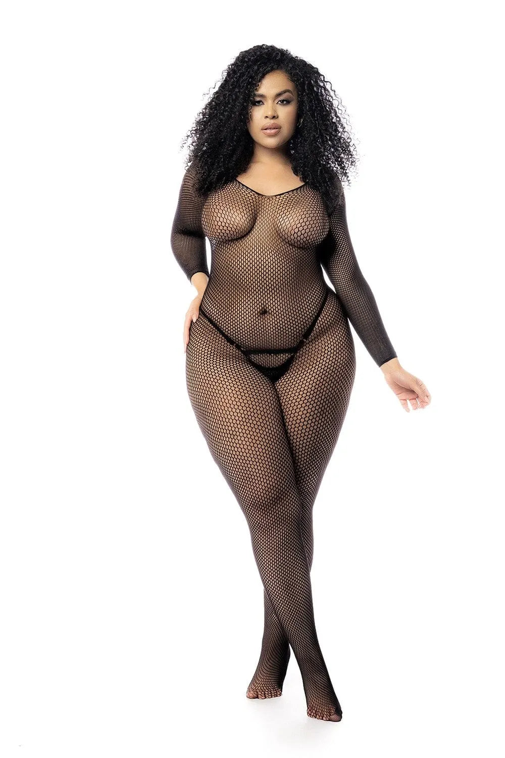 Combinaison Sexy Grande Taille Résille Noire Manches Longues Décolleté Prononcé Moulante Extensible Nylon Élasticité Confortable Sophistiquée Sensuelle Flatteuse