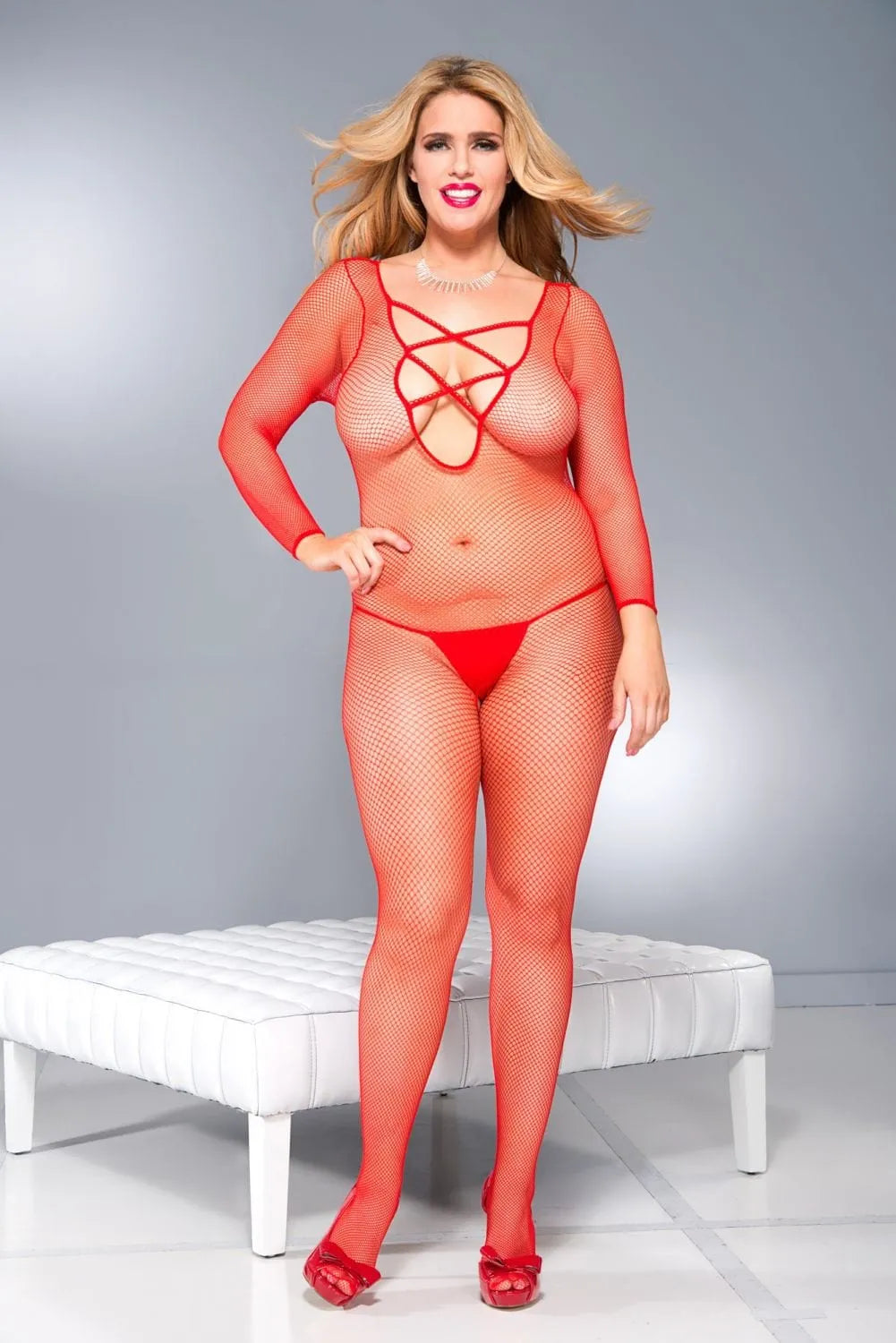 Combinaison sexy manches longues nylon extensible décolleté plongeant effet lacé entrejambe ouvert coupe moulante toucher doux durable soirée glamour