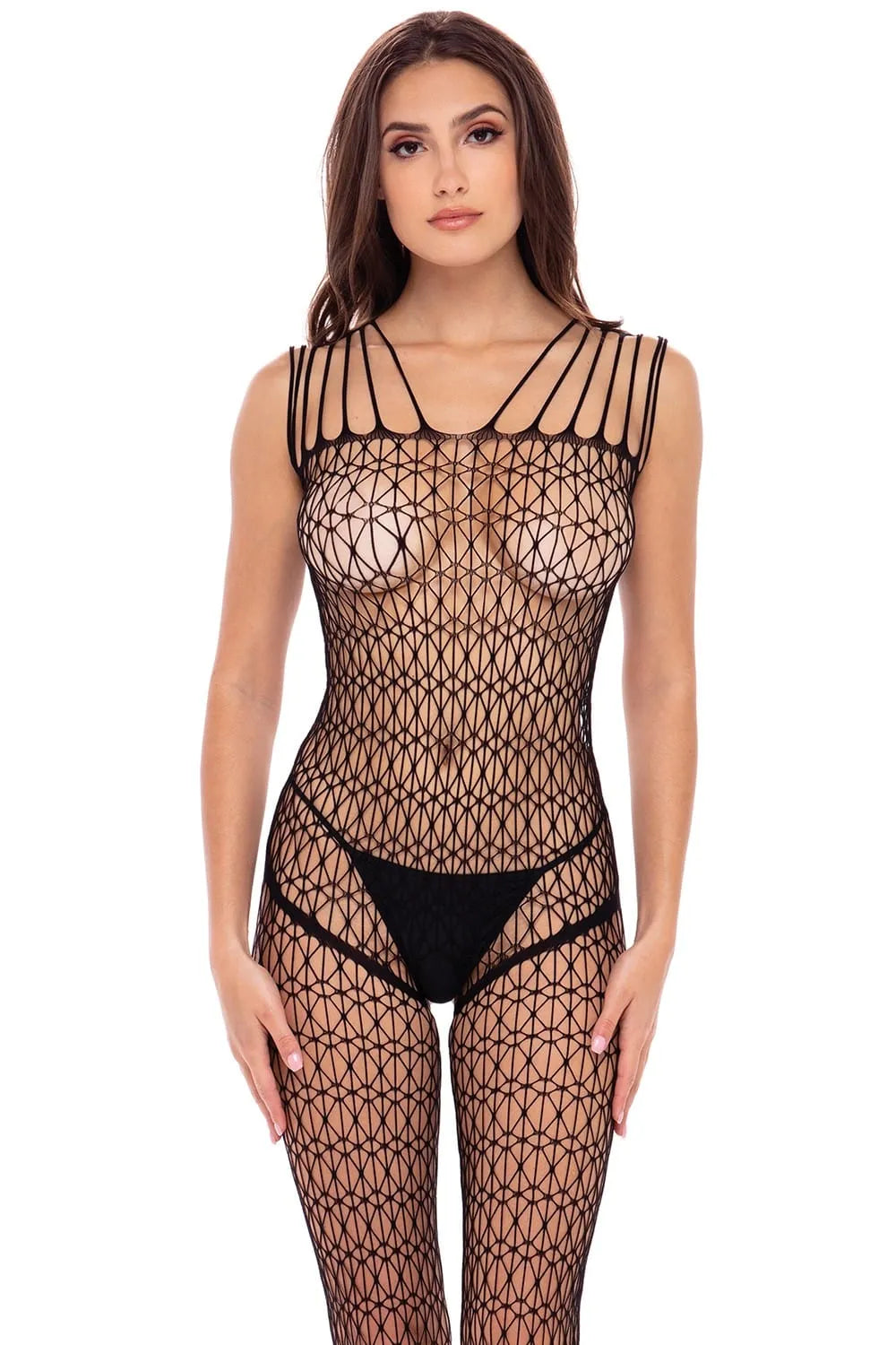 Combinaison lingerie noire résille filet moulante, ouverte entrejambes, nylon spandex, femme, élégante et confortable.