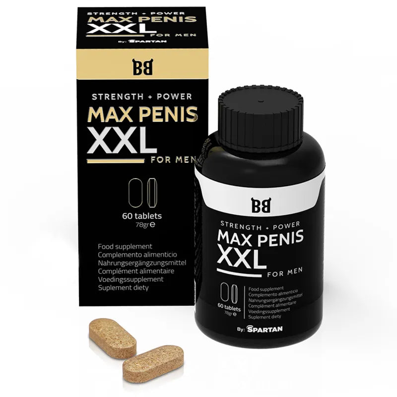 Boîte et flacon noir MAX PENIS XXL, 60 comprimés pour améliorer la circulation sanguine et l'érection masculine.