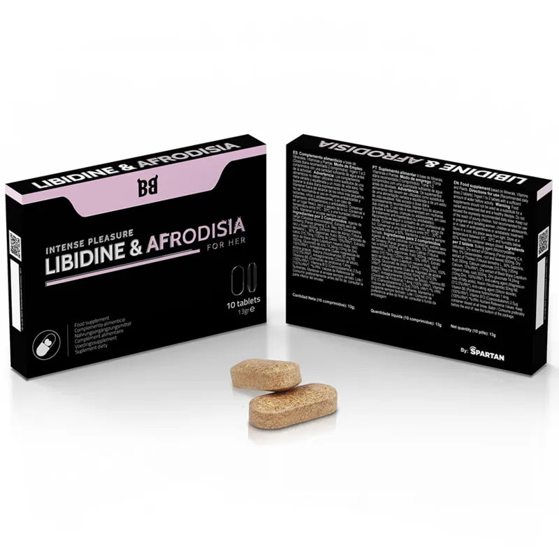 Boîte noire de compléments alimentaires féminins LIBIDINE & AFRODISIA, stimulant libido, avec deux gélules visibles.