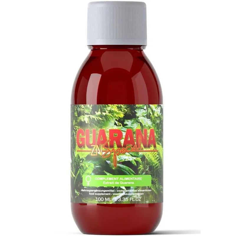 Flacon rouge de complément alimentaire libido guarana zinc, 100ml, stimulant énergie et vitalité, étiquette verte.
