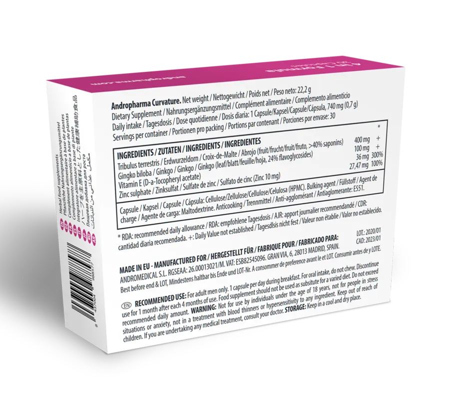 Boîte de gélules Andropharma Curvature pour maladie de La Peyronie, fond blanc, texte multilingue, détails ingrédients.