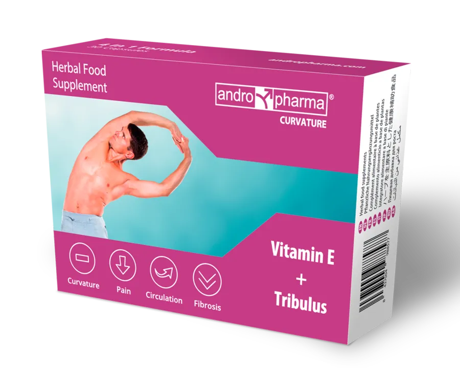 Boîte de compléments alimentaires Andropharma Curvature, couleur violette, pour la maladie de La Peyronie.