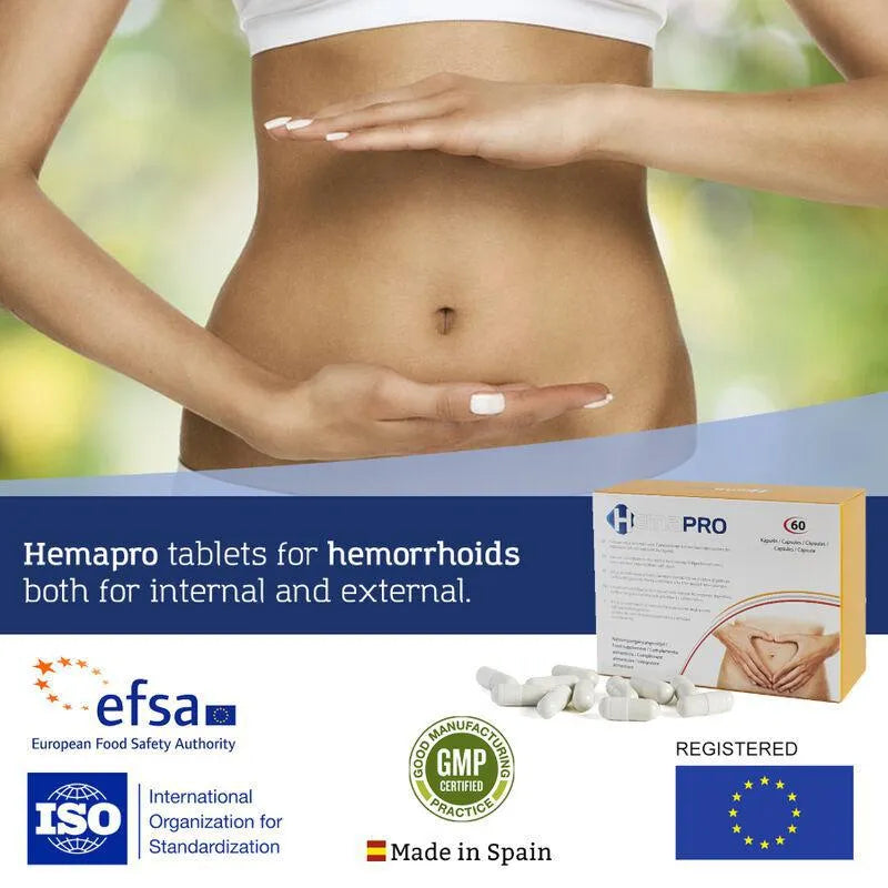 Boîte de comprimés Hemapro pour hémorroïdes, packaging orange et blanc, avec logos certifications et femme en arrière-plan.