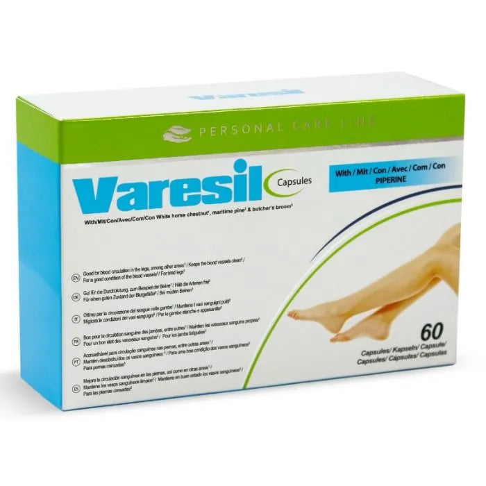 Boîte bleue et verte de 60 comprimés veinotoniques naturels pour réduire varices et soulager jambes lourdes.