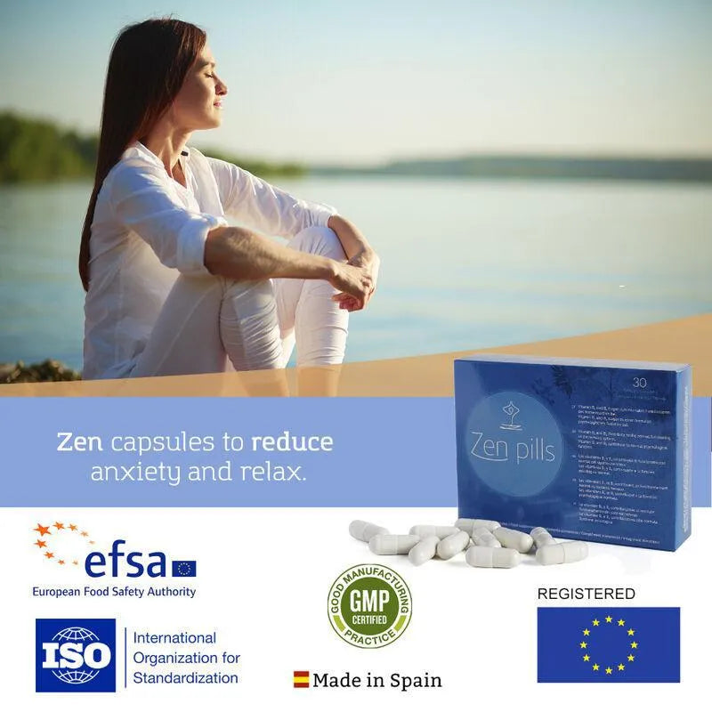 Boîte bleue de Zen Pills, compléments anti-anxiété naturels, avec capsules blanches, labels qualité et femme relaxée en fond.