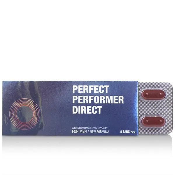 Boîte bleue de compléments alimentaires Perfect Performer Direct, 8 comprimés rouges pour performance sexuelle masculine.