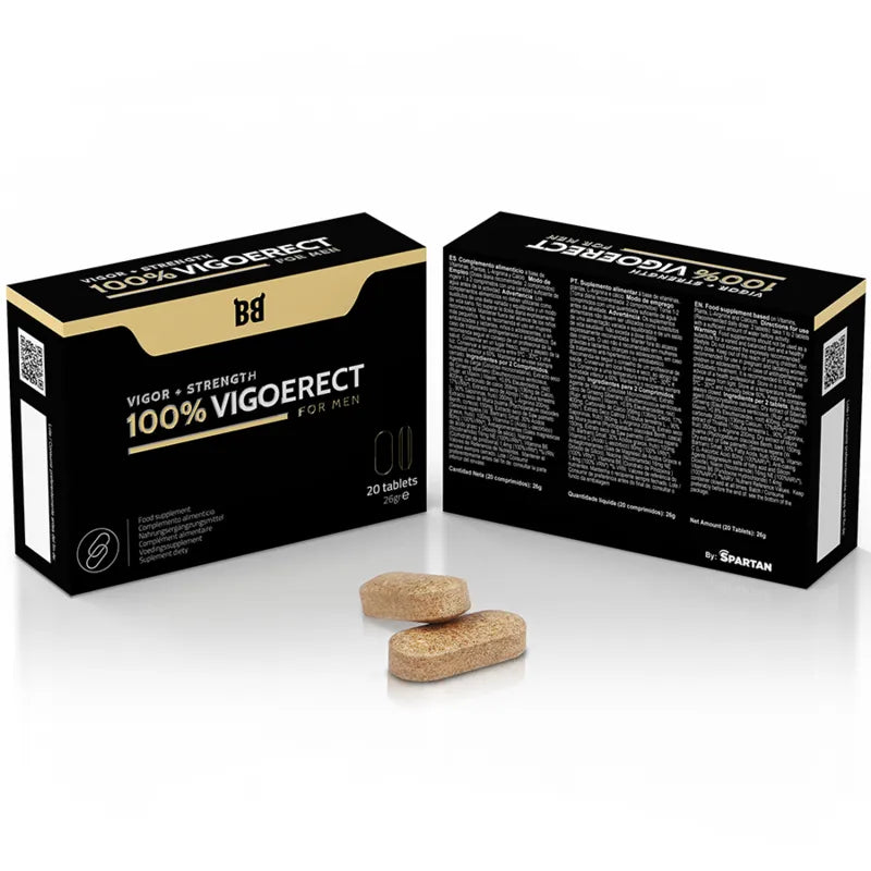 Boîte noire de Vigoerect, complément érection naturelle, avec comprimés ovales et texte doré, ingrédients naturels.